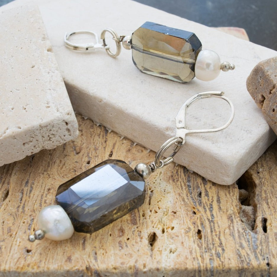 Basics, Dangle Earrings with large Amber Smokey Brown Crystals and Fresh Water Pearls