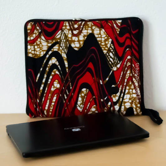 Handmade African Small Laptop Computer Sleeve. Black, with Red Swirls