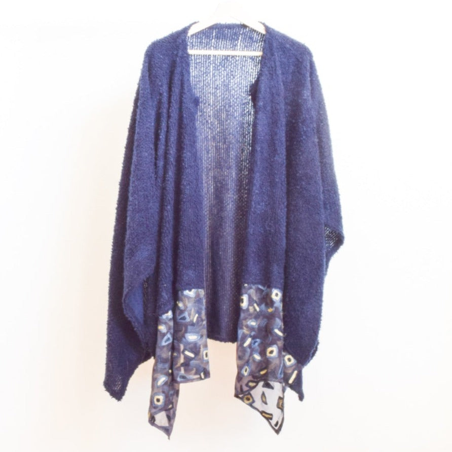 Modern Midnight Blue Knit Women's Roan, Wrap, or Shawl. Open Front Poncho with Coordinating Front Panels