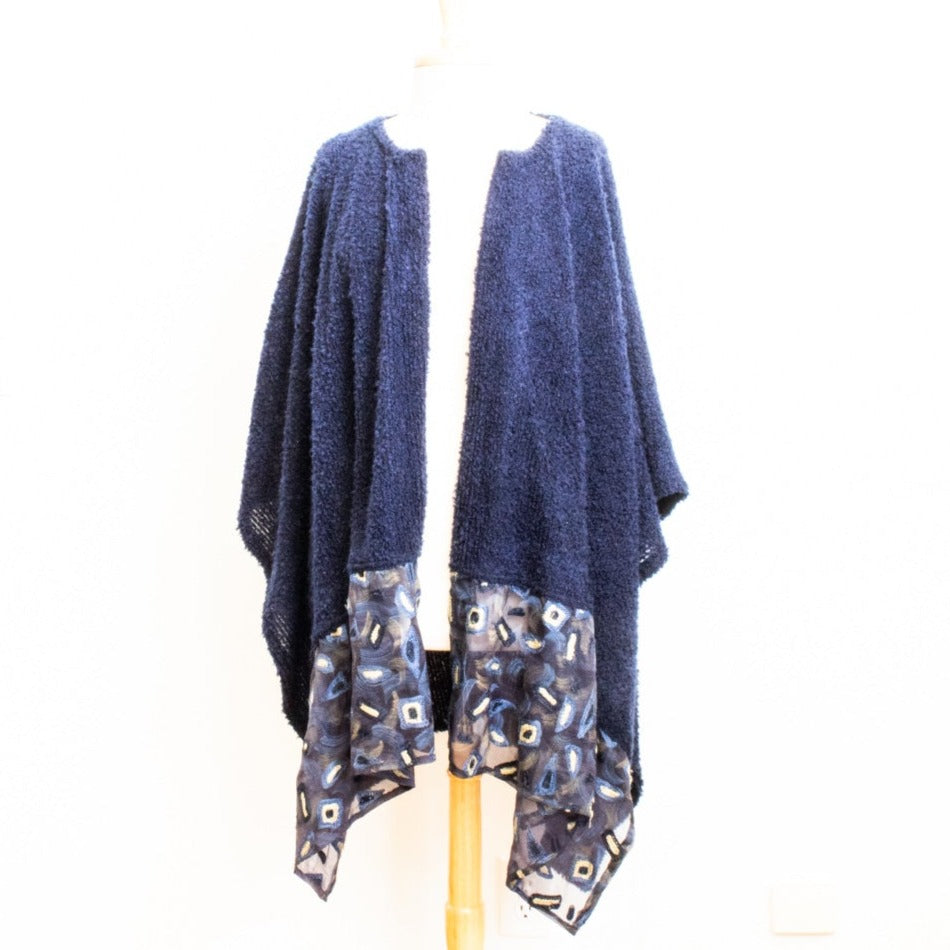 Modern Midnight Blue Knit Women's Roan, Wrap, or Shawl. Open Front Poncho with Coordinating Front Panels