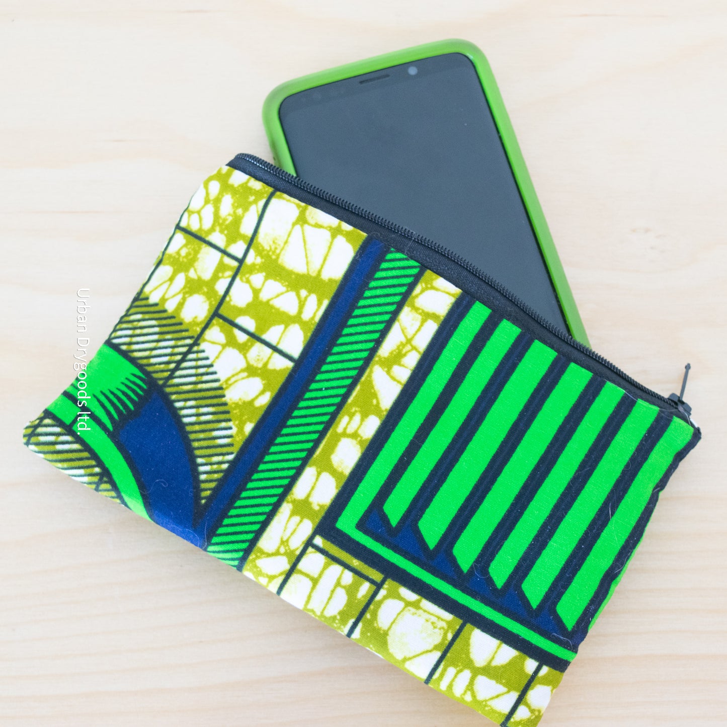 African Handmade Smart Phone Soft Case, with Green and Black Geometric Design