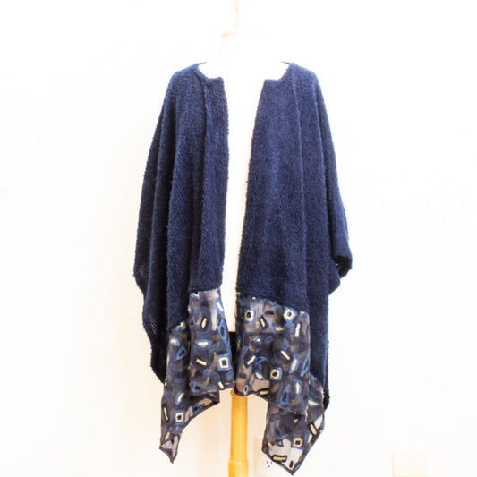 Modern Midnight Blue Knit Women's Roan, Wrap, or Shawl. Open Front Poncho with Coordinating Front Panels