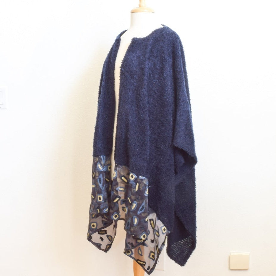 Modern Midnight Blue Knit Women's Roan, Wrap, or Shawl. Open Front Poncho with Coordinating Front Panels