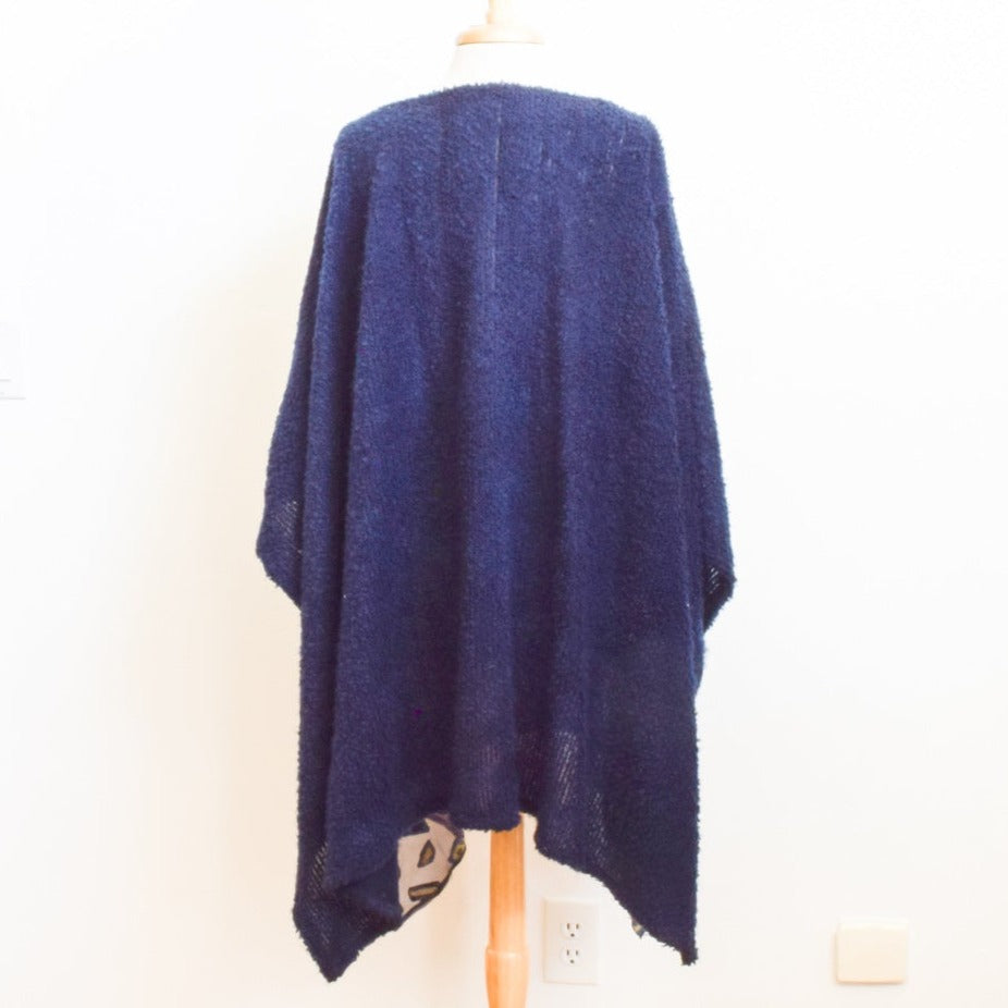 Modern Midnight Blue Knit Women's Roan, Wrap, or Shawl. Open Front Poncho with Coordinating Front Panels