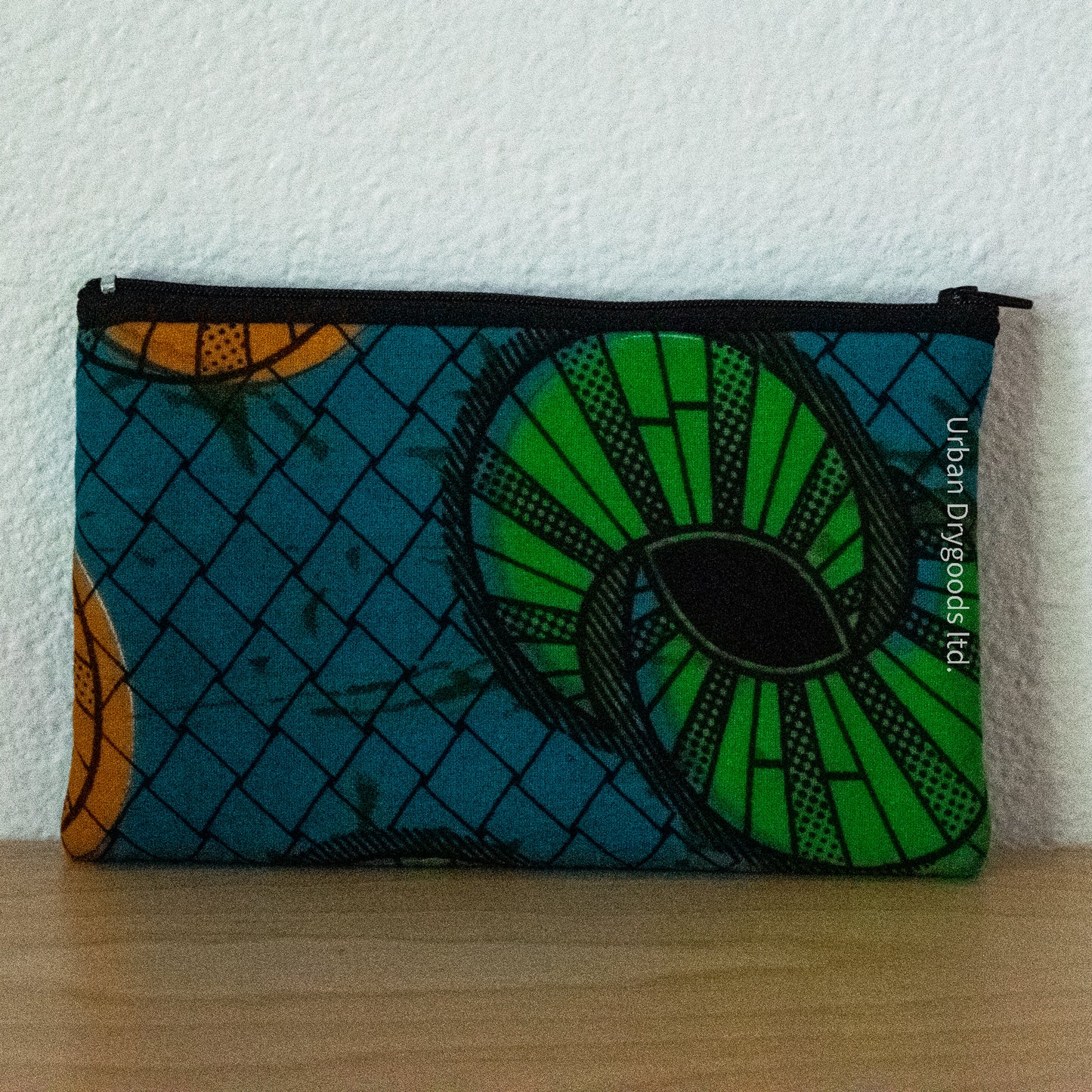 African, Handmade Padded Case for E-Readers, Jewelry, Etc.  Blue Background, with Green, and Gold Abstract Circles