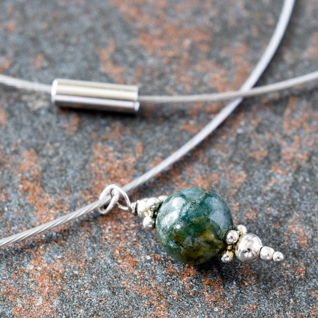 Simplicity, Fancy Green Jasper Pendent on a Stainless-Steel Slide Necklace