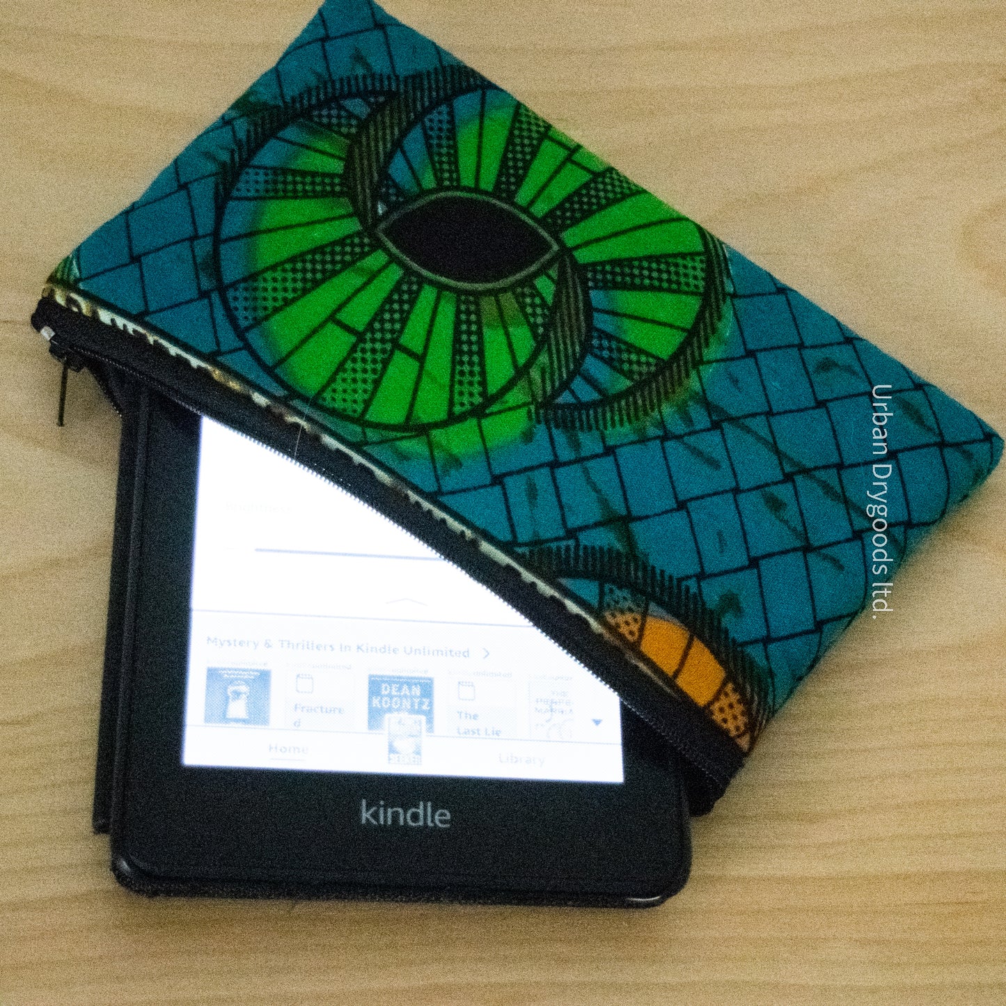 African, Handmade Padded Case for E-Readers, Jewelry, Etc.  Blue Background, with Green, and Gold Abstract Circles