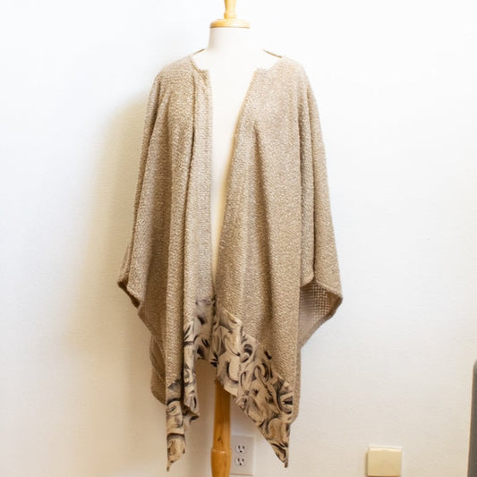 Modern Beige Knit Women's Roan, Wrap, Shawl, or Open Front Poncho with Decorative Banding