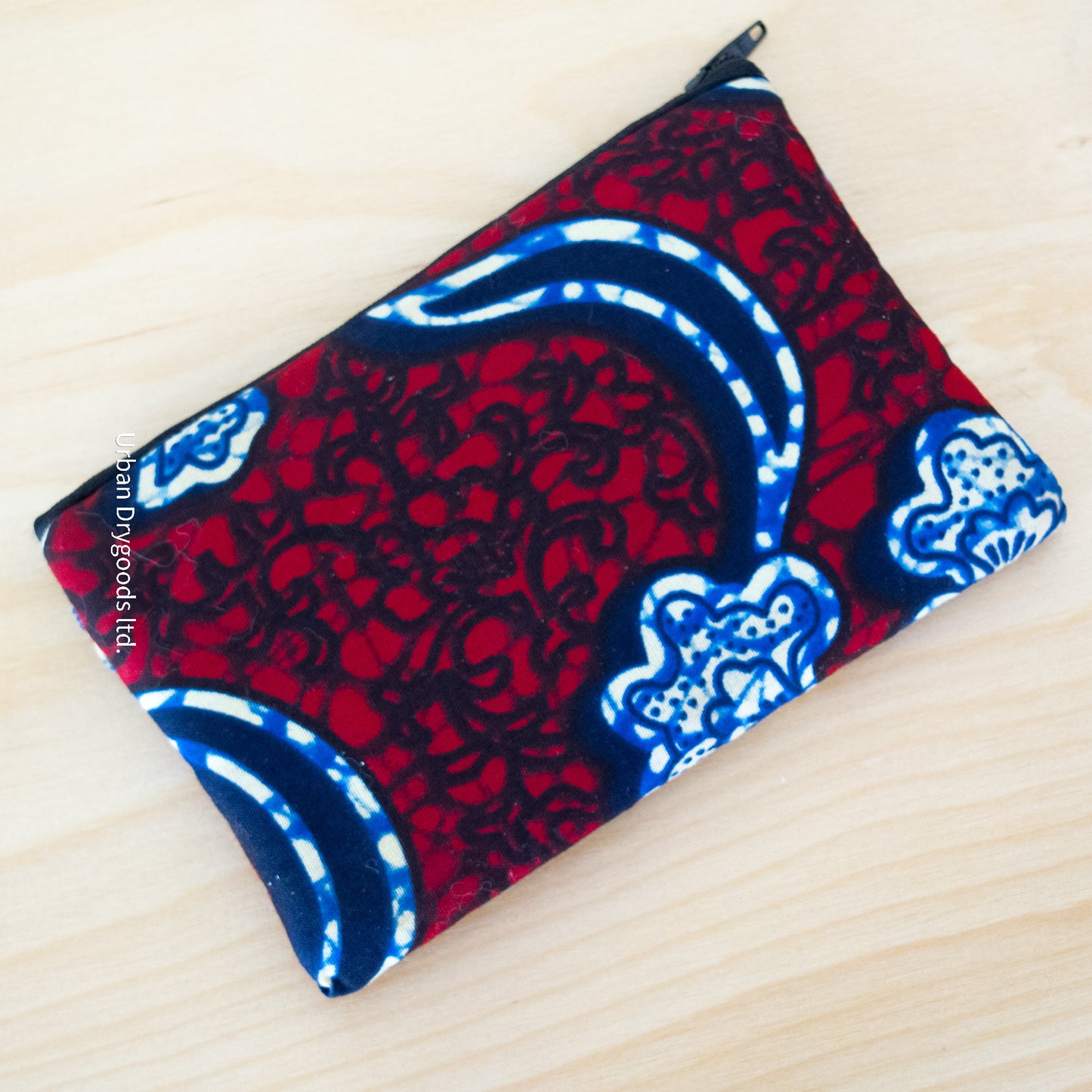 Handmade African Small Purse, with Red Background, and Blue Lotuses