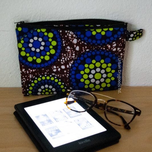 African, Handmade Padded Case for E-Readers, Jewelry, Etc. Brown Background, with Blue and Green Circles