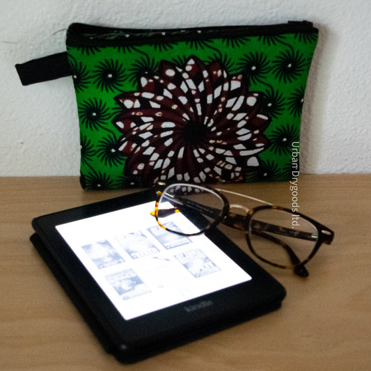 African, Handmade Padded Case for E-Readers, Jewelry, Etc.  Green Background with Large Brown Flower