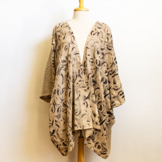 Modern Beige Knit Women's Roan, Wrap, Shawl, Open Front Poncho with Coordinating Front Panels