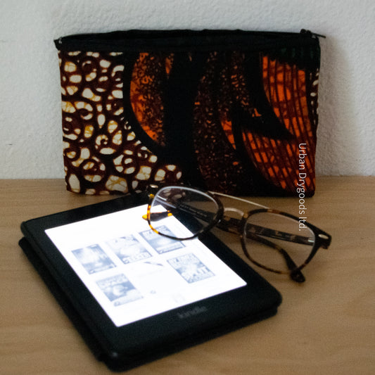 African, Handmade Padded Case for E-Readers, Jewelry, Etc.  Orange, Brown, and Gold with Black Swirls