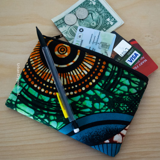 Handmade African Small Purse, Orange, with Teal Circles, and Fuchsia and Green Background