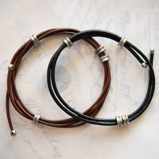 Leather Strands Adjustable, Double Wrap, Unisex Bracelet in Two Colors