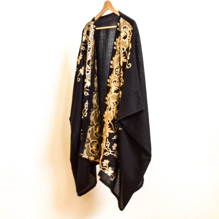 Modern Black, Short Kimono Wrap with Loose Top Cardigan with Contrasting Decorative Stitching