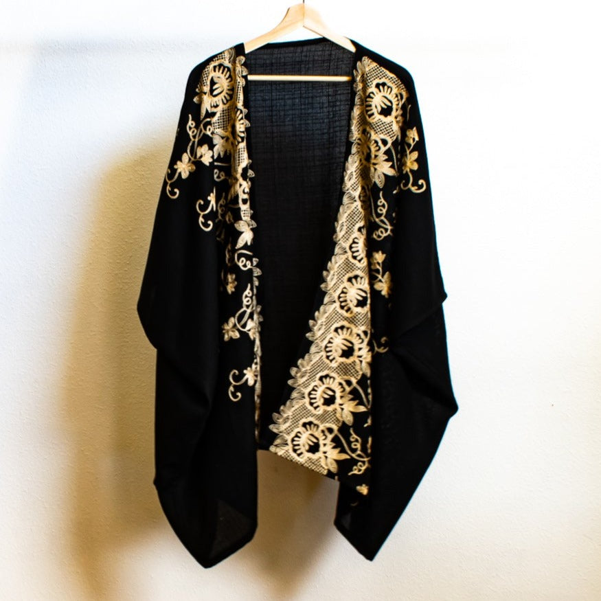 Modern Black, Short Kimono Wrap with Loose Top Cardigan with Contrasting Decorative Stitching