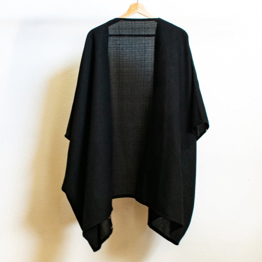 Modern Black, Short Kimono Wrap with Loose Top Cardigan with Contrasting Decorative Stitching