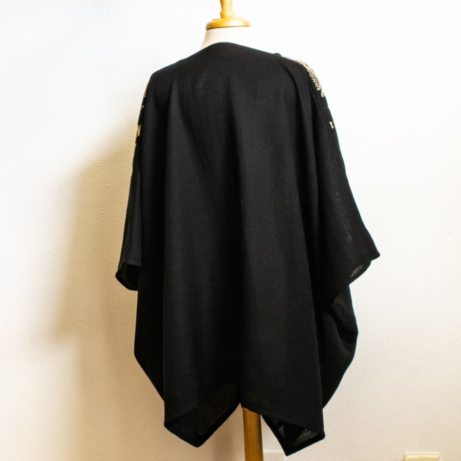 Modern Black, Short Kimono Wrap with Loose Top Cardigan with Contrasting Decorative Stitching