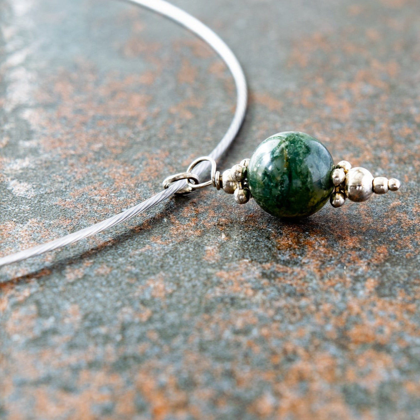 Simplicity, Fancy Green Jasper Pendent on a Stainless-Steel Slide Necklace