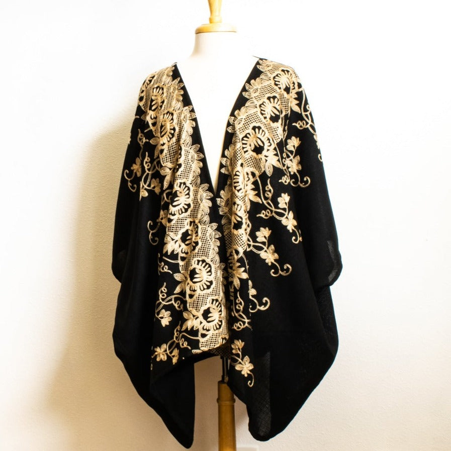 Modern Black, Short Kimono Wrap with Loose Top Cardigan with Contrasting Decorative Stitching