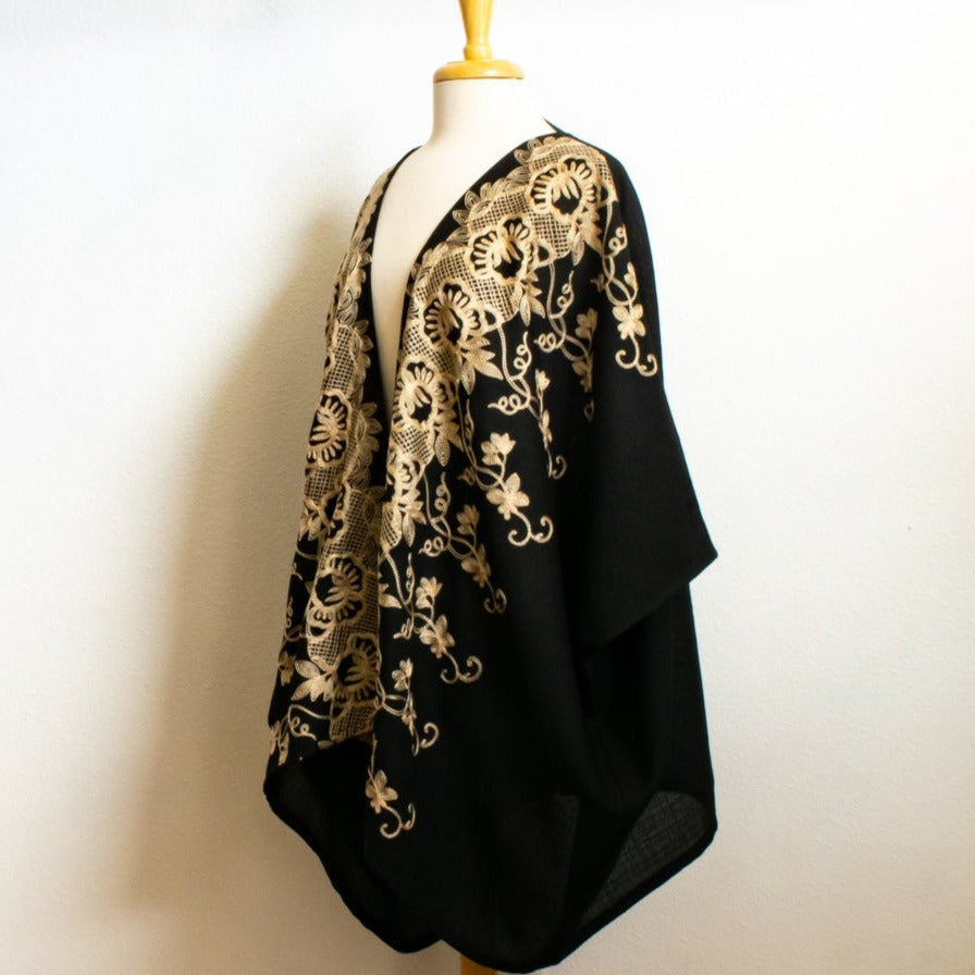 Modern Black, Short Kimono Wrap with Loose Top Cardigan with Contrasting Decorative Stitching