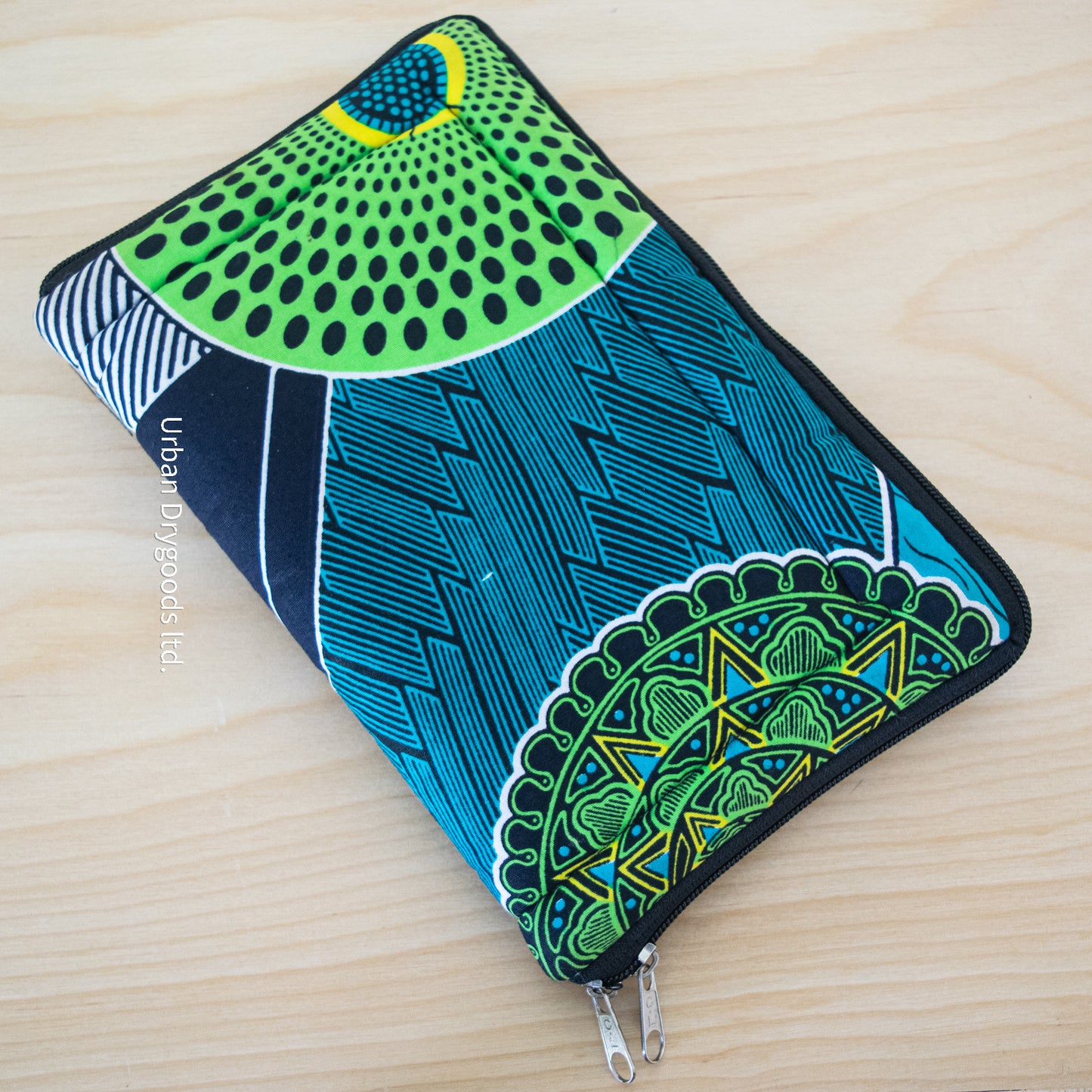 African, Handmade Padded Pouch for Small Tablet Computers. Blue, and Green with a Stylized Green Cockatiel