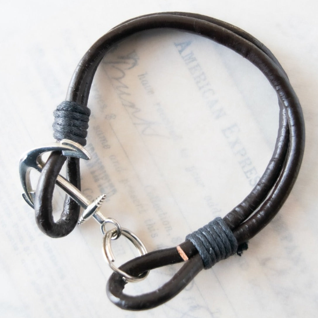 Unisex Classics Dark Brown Heavy Leather Anchor Bracelet