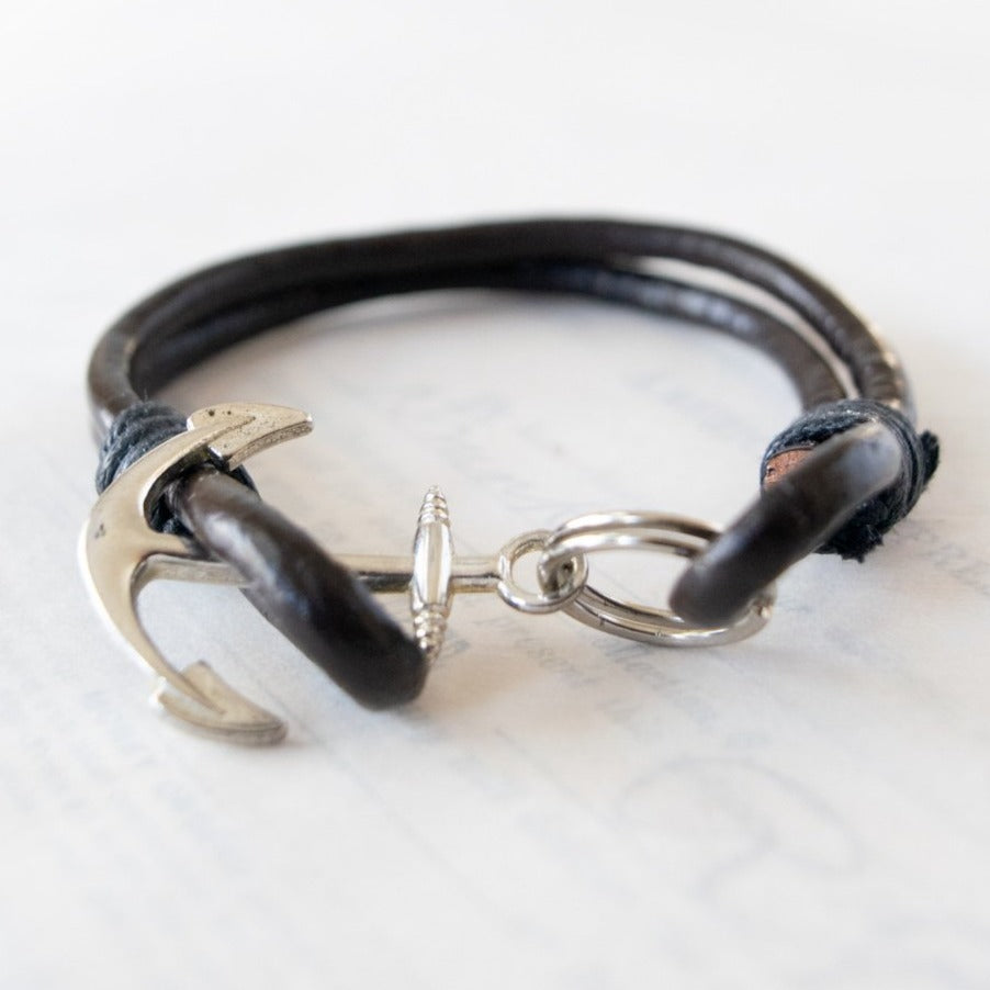 Unisex Classics Dark Brown Heavy Leather Anchor Bracelet