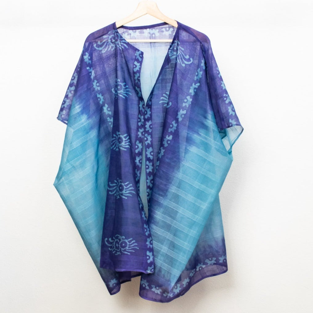 Woman's Lightweight Cotton Blue & Purple, Open Front Kimono Top