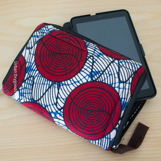 African, Handmade Padded Pouch for Small Tablet Computers. Red Circles, on a Blue and White Background