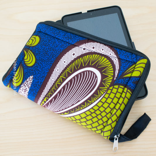 African, Handmade Padded Pouch for Small Tablet Computers. Green, Blue, and Brown, Paisley Design