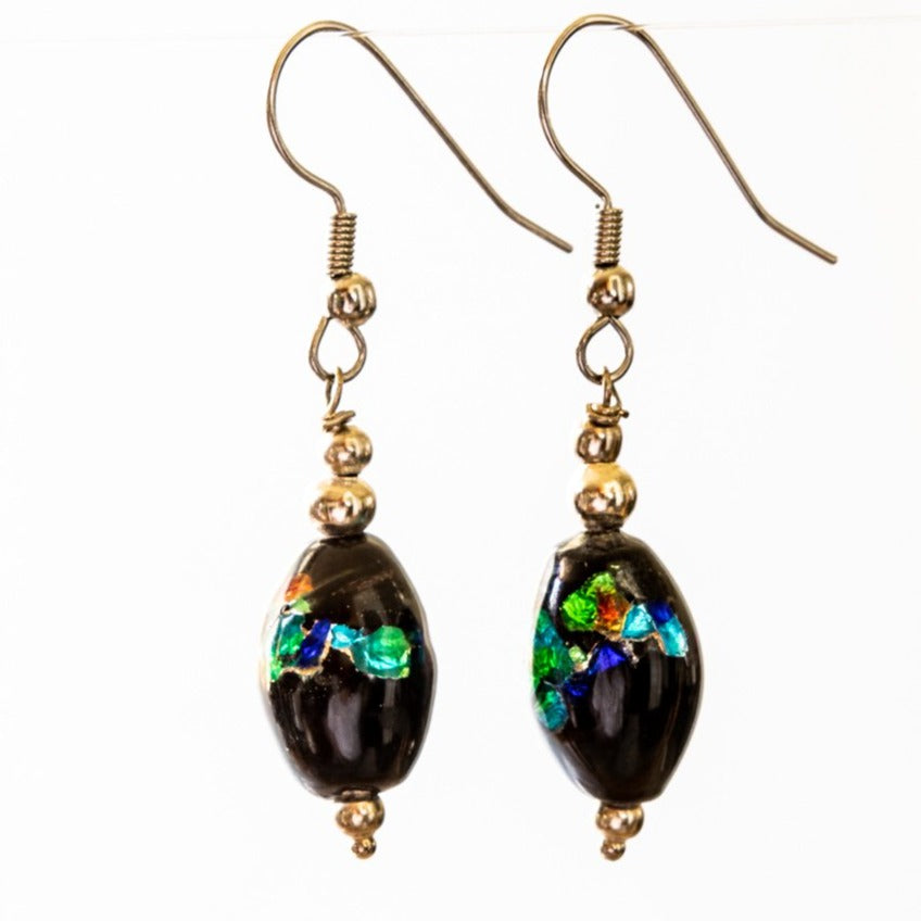 Little Treats, Dangle Earrings with Black Glass and Iridescent Blues and Metallics