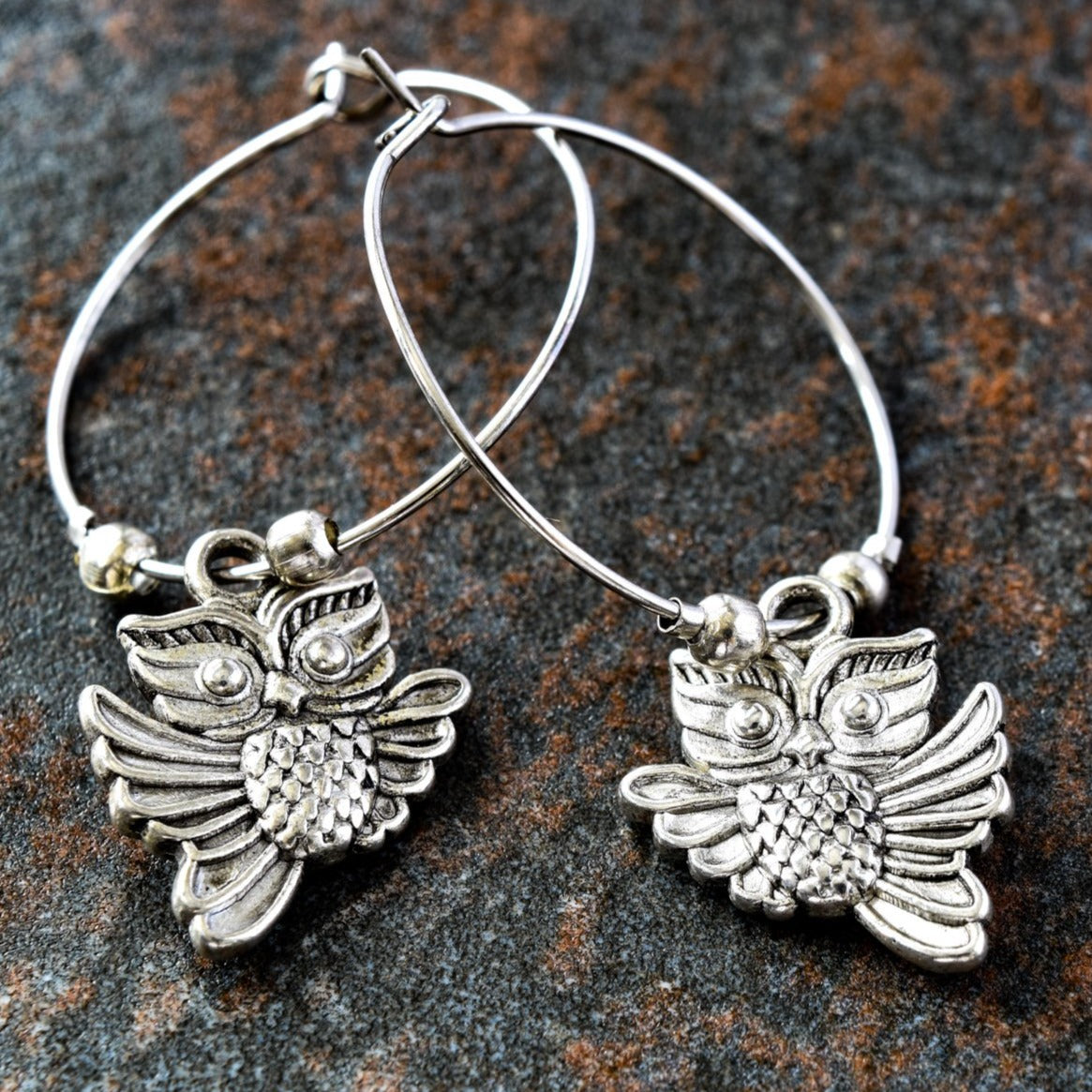 Woodland, Silver Flying Owls Hoop Earrings