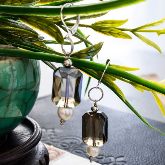 Basics, Dangle Earrings with large Amber Smokey Brown Crystals and Fresh Water Pearls