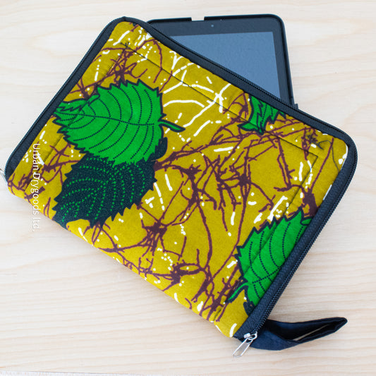 African, Handmade Padded Pouch for Small Tablet Computers, and More! Greenleaves on Gold Background