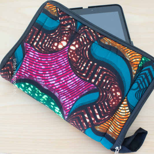 African, Handmade Padded Pouch for Small Tablet Computers. Fuchsia, Gold, Teal, and Brown, Organic Swirls with Gold and Black Accents