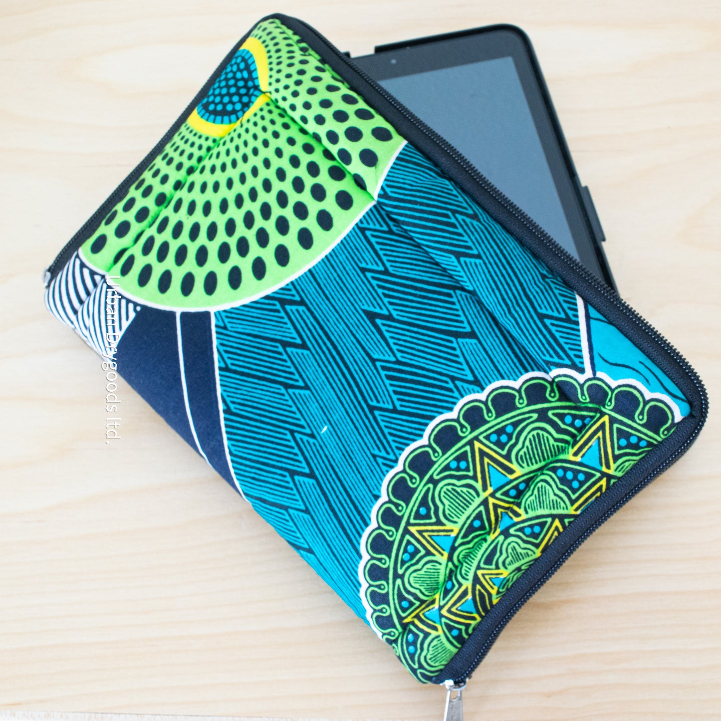 African, Handmade Padded Pouch for Small Tablet Computers. Blue, and Green with a Stylized Green Cockatiel