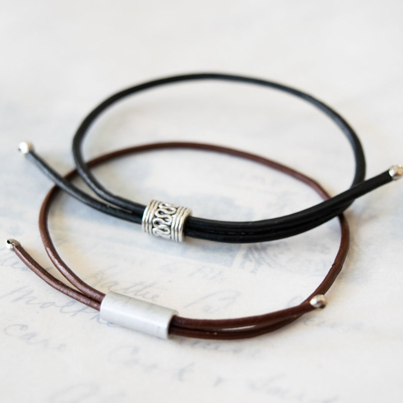 Leather Strands Adjustable, Single Wrap, Unisex Bracelet in Saddle Brown or Coal Black