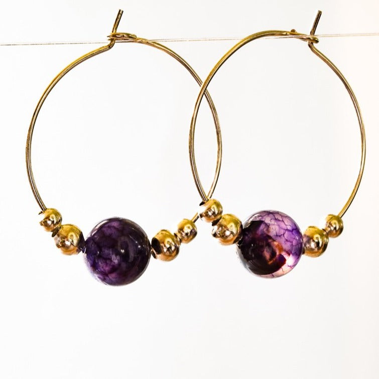 Expressions in Amethyst, Silver Hoop Earrings with Amythyst Beads