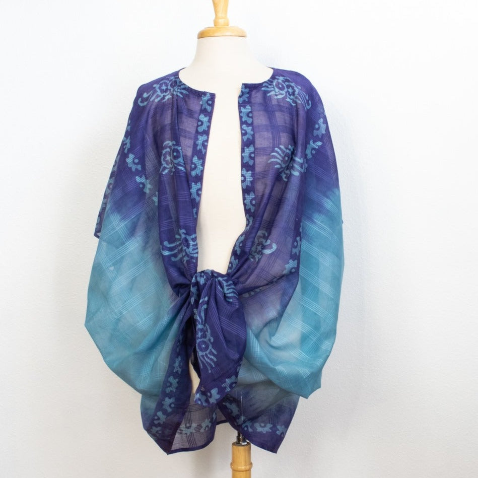 Woman's Lightweight Cotton Blue & Purple, Open Front Kimono Top