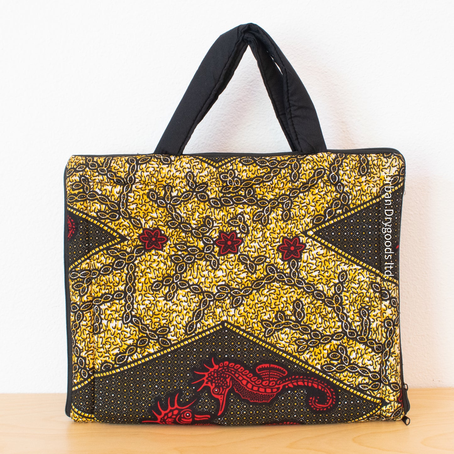 Handmade African Laptop Computer Sleeve, with Red and Gold Seahorse