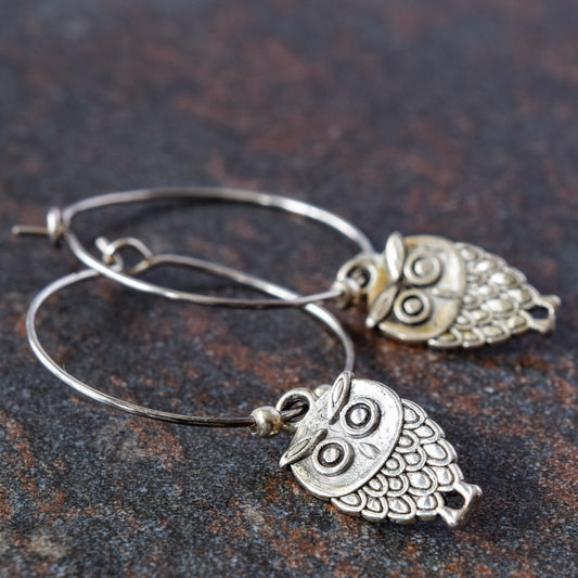 Woodlands, Little Owl Silver Hoop Earrings