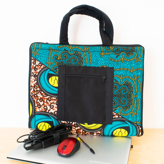 Handmade African Laptop Computer Sleeve with Teal, Yellow, and Brown