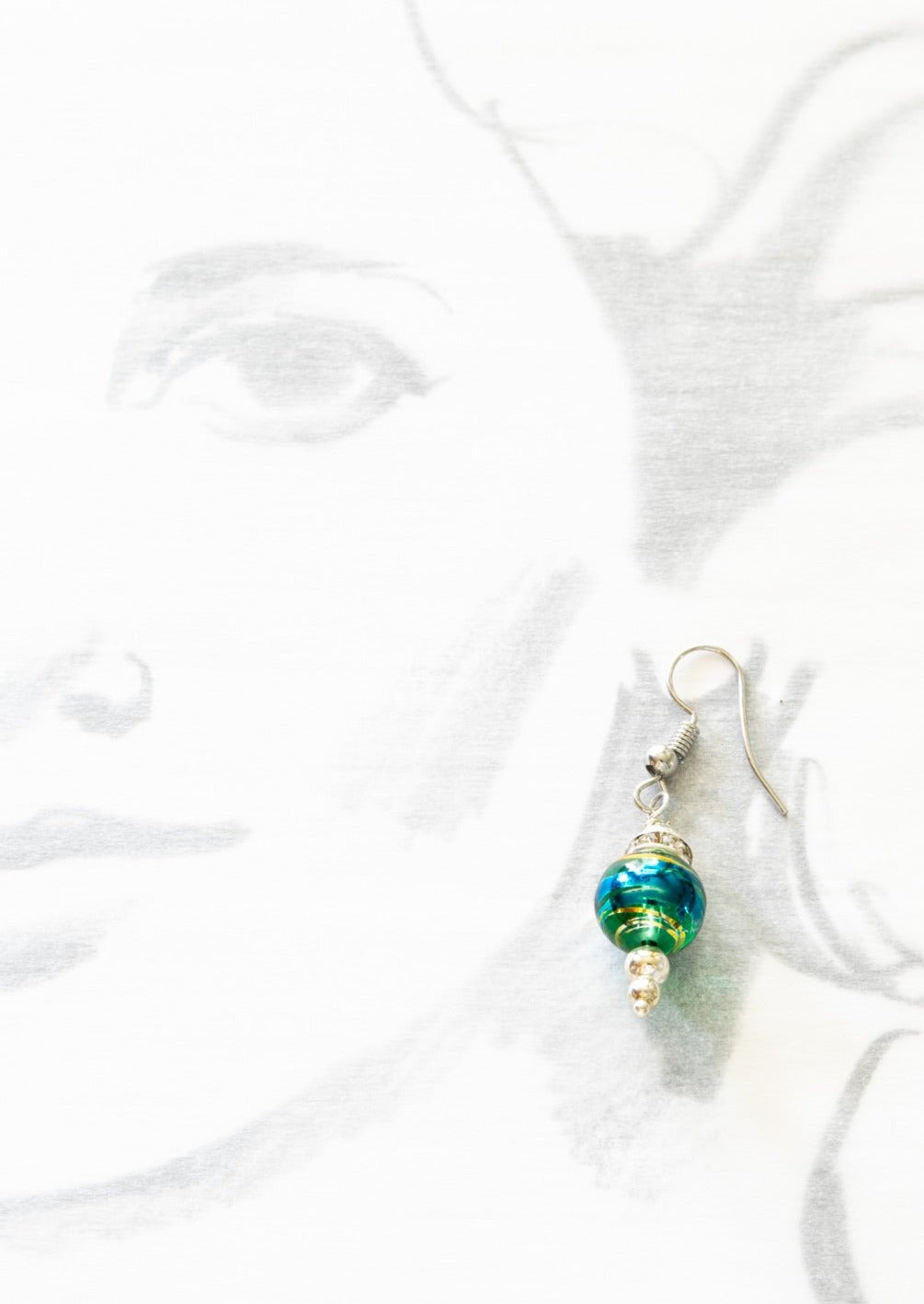 Little Treats, Fishhook Dangle Earrings with Emerald Green Glass and Silver Swirls