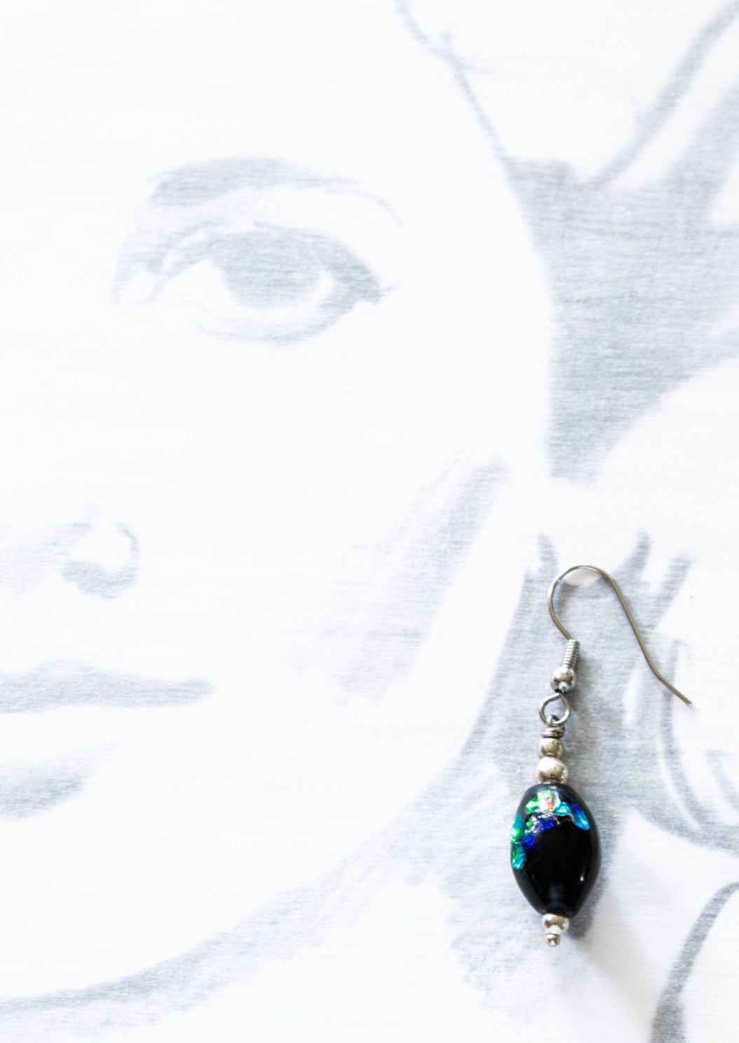 Little Treats, Dangle Earrings with Black Glass and Iridescent Blues and Metallics