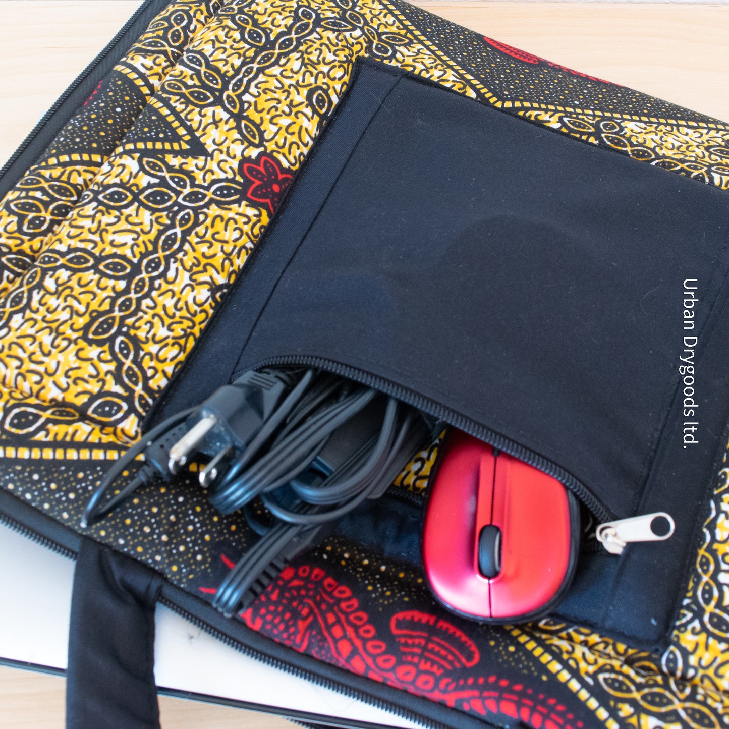 Handmade African Laptop Computer Sleeve, with Red and Gold Seahorse