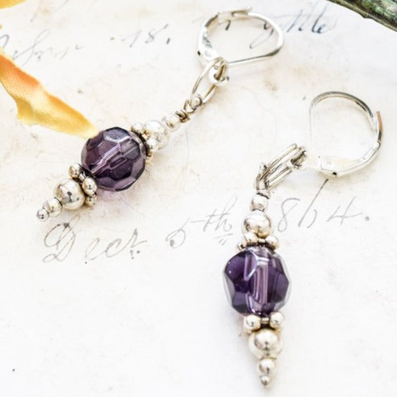 Basics, Dangle Earrings with Amethyst Crystal Dangles on Lever-Back Hoops