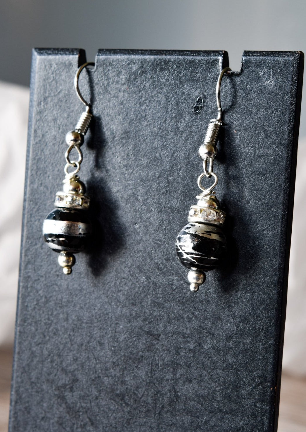 Little Treats, Fishhook Dangle Earrings with Black and Silver Swirls