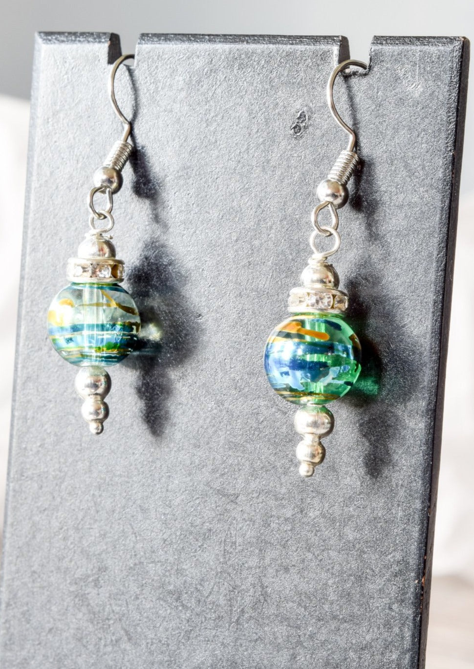 Little Treats, Fishhook Dangle Earrings with Emerald Green Glass and Silver Swirls